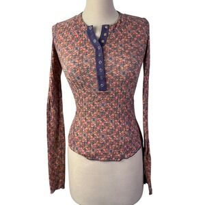 Natural Life Floral‎ Print Henley Top Long Sleeve Casual Blouse Size S